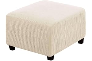 qiden Square Footstool Cover Stretch Ottoman Cover Plush, 10% Thicker Large Stretch Pouffe Cover Anti-Slip Foot Stool Jacquard Slipcovers With Elastic Bottom, Machine Washable-Cream White-Medium