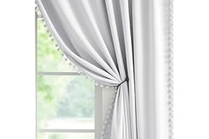 ABSTRACTEX Pom Pom Greyish White Blackout Curtains for Bedroom 54 Inch Thermal Insulated Window Drapes for Living Room Darkening Ring Top Eyelet Energy Efficient Treatment Sets for Children Nursery 54"W 1 Pair
