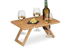 Relaxdays Mini-Table portative, Pliable, HxLxP : 20x40x30 cm, Encoche 4 Verres de vin et 1 Bouteille, Bambou, Nature