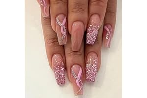 TMUT 24pcs Medium Coffin False Nails Pink Glitter Stick on Nails Press on Nails Removable Glue-on Nails Full Cover Fake Nails Women Girls Nail Art Accessories
