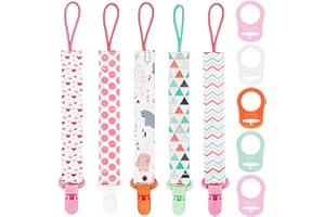 FenFang Łańcuch smoczek dla niemowląt z silikonowym pierścieniem adaptera, 5 sztuk smoczków z klipsem i 5 pierścieniami, łańcuszki na smoczek dla niemowląt, smoczek z tkaniny klipsy pasek do smoczka