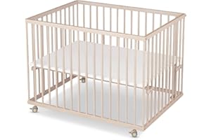 Sämann Laufstall Baby 75x100 cm | TÜV geprüft 2023 | stufenlos höhenverstellbar | Laufgitter Premium | Babybett aus Holz | Krabbelgitter Komplettset natur