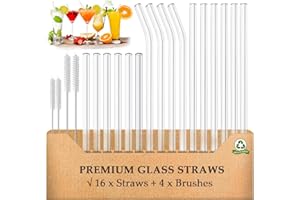 YINVA AOTWAN Glas Strohhalme Wiederverwendbar 20 Stück Glasstrohhalme, 6 Kurz + 6 Lange Geraden Glas-Strohhalme, 4 gebogenem Trinkhalme mit 4 Reinigungsbürsten für Cocktails, Smoothie und Säfte