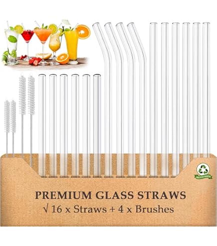 Glazen drinkrietjes - Set van 4 stuks met schoonmaakborstel | 10483247