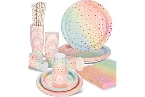 NEFLSI Vajilla de fiesta,125 piezas Platos Fiesta Oro Arcoíris set de juego de platos y cubiertos,cubertería de cartón,vasos,platos y servilletas,para Despedida de Soltera,Compromiso,Boda,Aniversario,Navidad