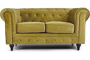 Bravich Velvet Chesterfield Sofa- Gold. 2 Seater Settee, Soft Plush Fabric Couch. Living Room Furniture, Easy Clean. 2 Seater- 160cm x 90cm x 78cm