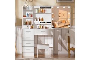 Buildonely White Dressing Table with LED Lights and Mirror, Vanity Makeup Table with 5 Large Drawers and Stool for Daughter, Adjustable Brightness, 3 Color Temperatures, SD1907U611