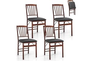 TANGZON Folding Chairs Set of 2/4, Rubber Wood Padded Dining Chairs with PVC Leather/Linen Fabric Exterior, Home Office Upholstered Guest Conference Seats (Spindle Backrest, Black+Brown, 2, count)
