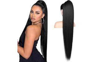 ‎FLUFYMOOZ Flufymooz Ponytail Extension Pferdeschwanzverlängerung, 91 cm langer gerader Pferdeschwanz mit Kordelzug, Lockiger Pferdeschwanz Synthetisches Haarteil für Damen(Pechschwarz)