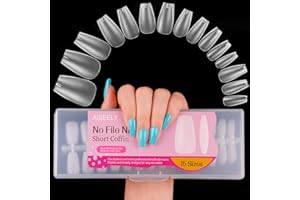 AISEELY 240 Pzs Uñas Postizas Cortas Transparentes, 15 Tamaños Tips Uñas, Gel Esmalte Uñas Resistente en Resina, Uñas de Gel Nail Tips Cobertura Total Kit de Uñas para Salón Casa, Short Square