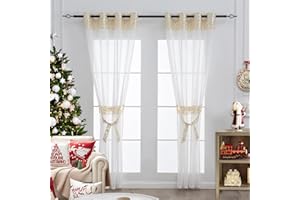 L.Z.E Christmas Sheer Curtains for Living Room Gold White, Window Sheer Curtains for Bedroom, 2 Panels Set Eyelet Curtains & Drapes for Dining Room, with Tie-Backs Extra Long (55" Wide x 102" Drop)