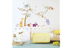 AnFigure Forest Animal Wall Stickers Monkeys Giraffe Elephant Tiger Owl Tree Wall Decals for Kids Baby Girls Boys Room Nursery Playroom Bedroom Safari Jungle Zoo Wall Decor