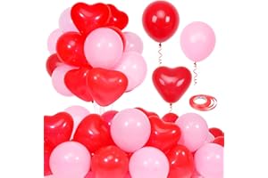 DOUVELUE 60Pcs Pink and Red Heart Shaped Balloons, Red Valentine's Day Balloons Set with Ribbon, for Wedding, valentines decorations, Marriage Proposal Props