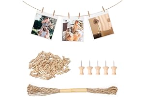 Furuising 150PCS Mini Wooden Pegs, 2.5cm Small Photo Pegs, Natural Photo Clips Peg with 10M Jute String for Christmas Wall Display, Weddings & Party