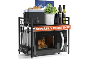 Heldenwunder Estantería Microondas Estantes Cocina Acero (2 Niveles) | Mueble Microondas Horno Estanterias Almacenaje Organizador Estante Panadería Ajustable + Instrucciones en Vídeo, Ganchos – Negro