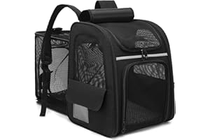 Dogat Expandable Cat Carrier Backpack for Air Travel, Pet Backpack for Cats & Small Pets up to 17lbs (8kg), Foldable & Breathable with Front Mesh Window, Comfortable Pet Carrier Bag for Hiking (Black)