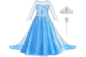 ACWOO Vestito Elsa Set, Costume Elsa Congelamento Bambina Principessa con Corona Bacchetta, Vestito Bambina Principessa per la Halloween Cosplay Party Compleanno Vestito Fantasia