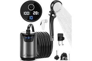 ‎WADEO WADEO Przenośny akumulator prysznicowy kempingowy, ulepszony prysznic outdoorowy z pompą i wskaźnikiem temperatury, 10-biegowa przerzutka, akumulator 8000 mAh do 3 godzin pracy, przenośny zestaw