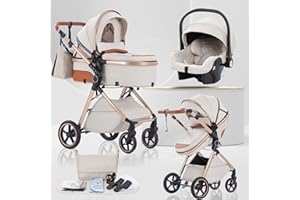 Lnhcrbs Poussette 3 en 1 avec Nacelle, Poussette de Voyage's Nacelle est Pliable, Trio Poignée est Réglable, les Roues sont en Matériau PU, pour Enfant de la Naissance à 3 Ans,Beige