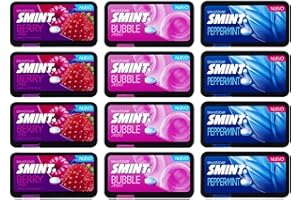 Smint Flat Mix – Bonbons sans sucre – Pastilles goût menthe poivrée, bubble mint et fruits rouges – Pack de 12 boîtes de 21 g – Frais, Gourmand et Sans Calories Ajoutées
