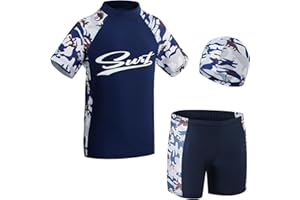 KAKU NANU 3 Pieces Maillot de Bain Enfant Garcon Anti UV 5-14 Ans Manches Courtes Bonnet Piscine Enfant Short de Bain