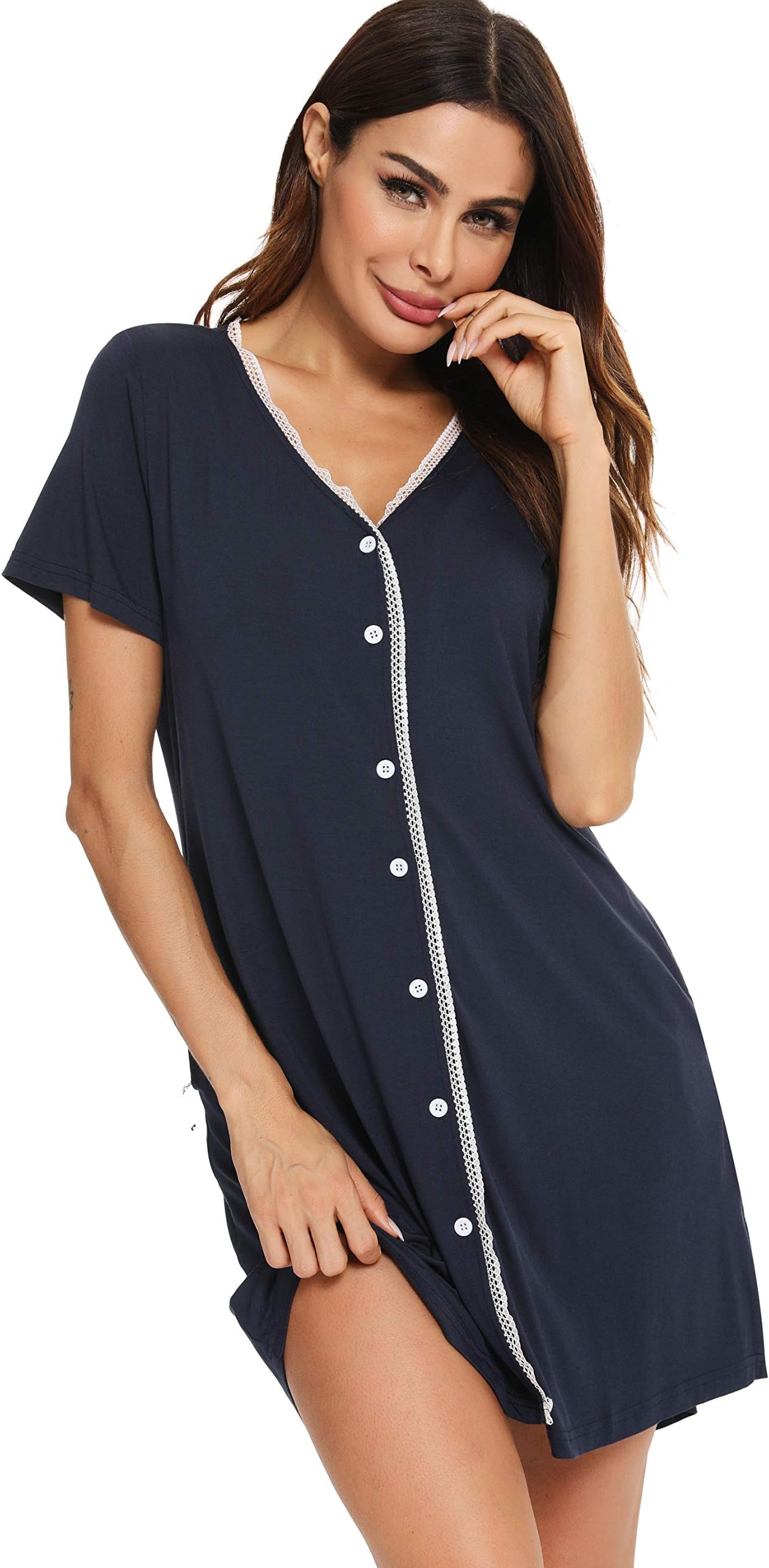 VlazomWomen's Nightdress Button Down Nightshirts Lace Trim Nighties Soft Nightgown Sleepwear with Pockets S-XXL