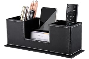 KINGFOM Desktop Leather Storage Box 4 Divided Compartments for Pen/Business Card/Remote Control/Mobile Phone/Office Supplies Holder Collection nero