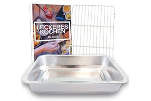 YUGN Teglia Forno Rettangolare con Griglia Rostiera Forno - Lasagnera Acciaio Inossidabile - Lavabile in Lavastoviglie - 36 x 27 x 6 CM - eBook Incluso (lingua italiana non garantita)