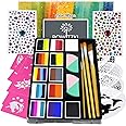 Bowitzki Professional Face Paint Set for Kids and Adults 12 x 10g Face Painting Kit Stencil One Stroke Split Cakes Palette Non-Toxic Rainbow Flora Dolphin Unicorn Body Color Makeup Halloween Christmas
