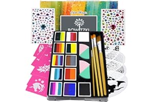 Bowitzki Professional Face Paint Set for Kids and Adults 12 x 10g Face Painting Kit Stencil One Stroke Split Cakes Palette Non-Toxic Rainbow Flora Dolphin Unicorn Body Color Makeup Halloween Christmas