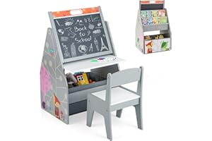LIFEZEAL Tavolino Bambini con Sedie, Tavolino con Libreria, Lavagna Doppio Faccia e Contenitore Pieghevole per Giochi, Tavolo Multiattivita e Sedia per Cameretta, Tavolo per Bimbi 3-6 Anni (grigio)