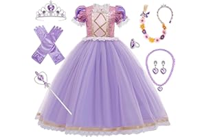 PIXUYE DéGuisement Raiponce Robe Raiponce Filles Costume Princesse Raiponce Avec Perruque Couronne Baguette Magique Anneau Cosplay Halloween Carnaval Costumes NoëL Anniversaire FêTe Tenues,3-9ans