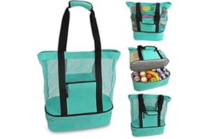 Ctxtqtdt Strandtasche Groß mit Kühlfach, Strandtasche Damen, Netztasche Strand, Strandtasche XXL Familie, Badetasche Damen für Strand, Einkaufen, Picknick, Camping, Sommerreisen (Grün)
