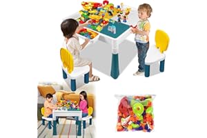 ACXIN 6 w 1 Stół Dziecięcy z Zestawem Krzeseł, Aktywności i Majsterkowania, 2 Krzesła i 163 Klocki, Wielofunkcyjny Do Pokoju Dziecięcego i Przedszkola