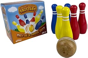 TRADITIONAL GARDEN GAMES Junior Wooden Skittles Set - Traditional Garden Bowling Game for Kids and Family - Indoor & Outdoor Fun - 6 Colourful Skittles + Wooden Ball for Hours of Entertainment