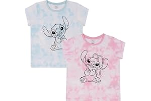 DISNEY Lilo & Stitch - Camisetas para niñas, 100 % algodón, con efecto de teñido anudado, incluye ángel, paquete de 2