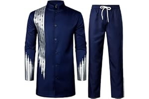 LucMatton Men's 2 Piece Outfit Long Sleeve Button up Shirt and Pants Traditional Ethnic Suit