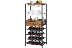 HOOBRO Estantería para Vinos, Estantería para Vinos de 6 Niveles con Cajón y Ganchos, Botellero para 16 Botellas con Portacopas y Estantes, Organizador de Botellas de Vino, Vintage y Negro EBF10JJ01