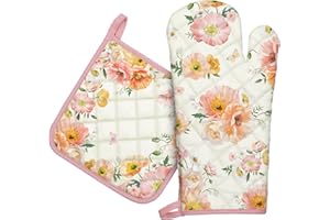 Arquiel Gants De Four & Maniques Lot De 2, 100% Coton Maniques Cuisine Gant Four Anti Chaleur Extra-Longue pour Barbecue, Cuisine, Griller, Micro-Ondes(Fleur Rose)