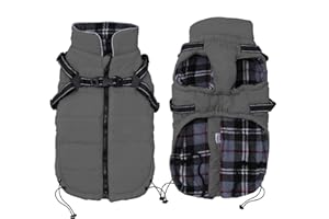 Pethiy Winter Warm Waterproof Dog Coat With Harness Traction Belt - Pet Outdoor Autumn and Winter Jacket for Medium, Small Dogs - Grey - XL