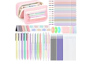 Focxoio 67PCS Aesthetic Stationery Supplies with Pencil Case, 12 Pastel Highlighters, 3 Erasable Pens,5 Multicolor Pen,5 Gel Pen, Stationery Set for Back to School, Pink