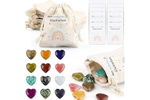 SZHHRXI 12er Glückssteine für Kinder, Kindergeburtstag Mitgebsel mit Edelsteine Jutesäckchen und Magische Steine Kärtchen, Give Away für Taufe Kommunion Hochzeit oder Wichtelgeschenk, Glücksbringer Kinder (C)