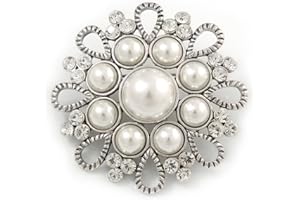 Avalaya Vintage Inspired Bridal/Wedding/Prom Glass Pearl, Clear Crystal Flower Brooch in Silver Tone - 50mm D