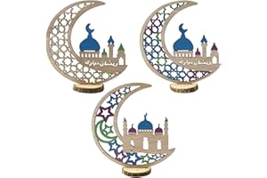 TSLBW 3 Stück Eid Mubarak Holz Ornament Ramadan Muslimische, Eid Ramadan Mubarak Dekorationen Holz, Hänge Tischschild Tischdekoration Mond Stern Hänge Anhänger für Ramadan Eid Mubarak Party Deko