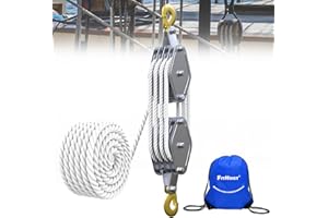 FITHOIST Block and Tackle 1100 LBS, 4400 LBS Breaking Strength Heavy Duty Pulley, 65 Ft 3/8" Rope Pulley, 8:1 Lifting Power Pulley System, Pulley Hoist for Animal Husbandry, Warehouses, Constructions