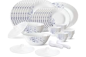 Larah by Borosil Blue Eve Silk Series Opalware Dinner Set | 47 Pieces for Family of 8 | Microwave & Dishwasher Safe | Bone-As