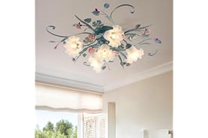 MEIBEILEIL Deckenleuchte Landhaus,Vintage Blumen Design Metall Pendelleuchte, Kronleuchter Mit Glas Lampenschirm Und Rosa Rosen Keramik Für Wohnzimmer Schlafzimmer Restaurant Flur 5 Kopf Blau