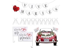 BOFUNX 2pcs Drapeau pour voiture imprimé Vive Les Mariés +Bannière Vive Les Mariés Banderole de Mariage en Forme de Coeur + 10pcs Nœuds Blancs avec mini Cœurs Decorative Decoration pour Mariage