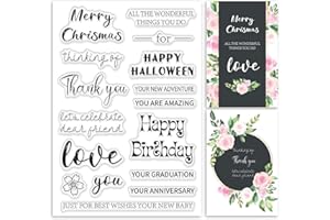 ORIGACH Words Clear Stamp for Card Making Sentiments Greeting Words Pattern Transparent Silicone Stamps for Christmas Halloween Birthday and DIY Scrapbooking Journaling Photo Album Crafts Suppplies