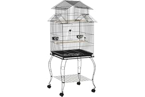 PawHut Jaula para Pájaros con Ruedas Jaula Grande con Soporte Pajarera con Bandeja Extraíble Puertas Comederos Perchas y Estante Inferior para Cacatúa NINFA Cotorra del Sol 50x49x137 cm Negro